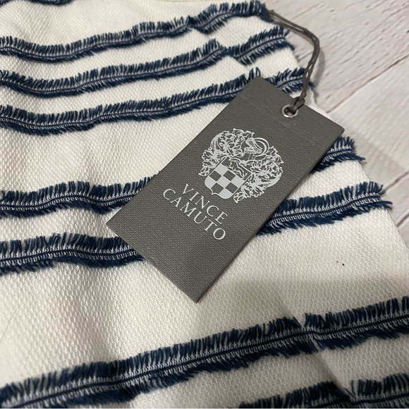 VINCE CAMUTO Women's Ivory/navy Fringe-striped Tassel-hem Sheath Dress SZ M. - Picture 11 of 11